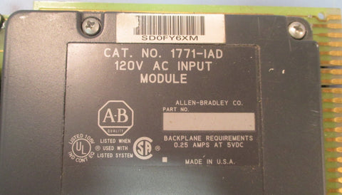 Allen Bradley 1771IAD 120V AC Input Module 0.25 Amps at 5VDC Used