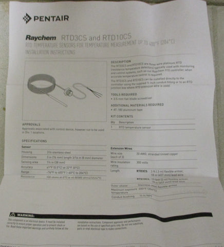 Pentair Raychem RTD10CS Temperature Sensor 10VDC Max 400 deg F Max
