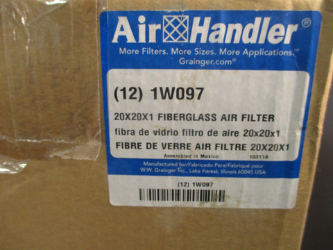 BOX OF 12 NEW 20X20X1 AIR HANDLER FIBERGLASS DISPOSABLE AIR FILTER 1W097