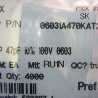 AVX 06031A470KAT2A Ceramic Capacitor, 0603, 47pF, 100V, C0G/NP0, 10%, 2573 pcs