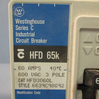 Westinghouse HFD 65k HFD3060L 3 Pole 60A 600V Industrial Circuit Breaker Ser C
