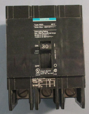 Siemens BQD330 Bolt-On Circuit Breaker 3 Pole 480Y/270 V 30A