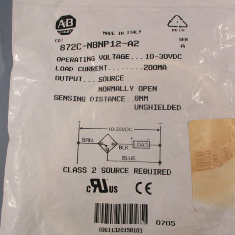 Allen Bradley 872CN8NP12A2 Ser A Photoelectric Sensor 1030VDC 8mm Sensing Dis