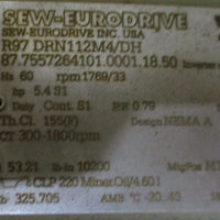 Sew Eurodrive R97 DRN112M4/DH Gearmotor 53.21:1 Ratio 1769/33RPM 2-3/8" Shaft Di