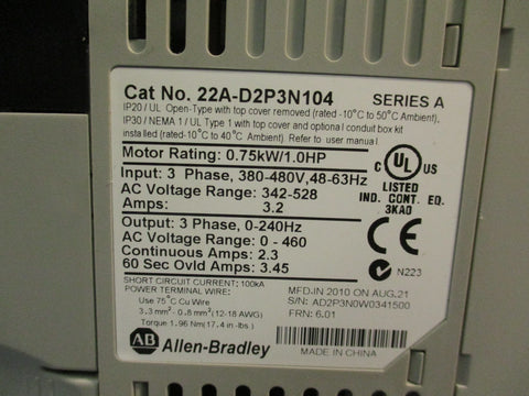 Allen-Bradley 22A-D2P3N104 PowerFlex 4 General Purpose AC Drive 3PH 0.75kW/1.0HP