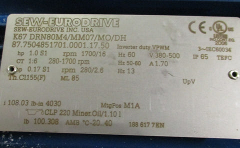 Sew Eurodrive K67 DRN80M4/MM07/M0/DH Motor Only 1 HP, 3 Phase, 380500 V
