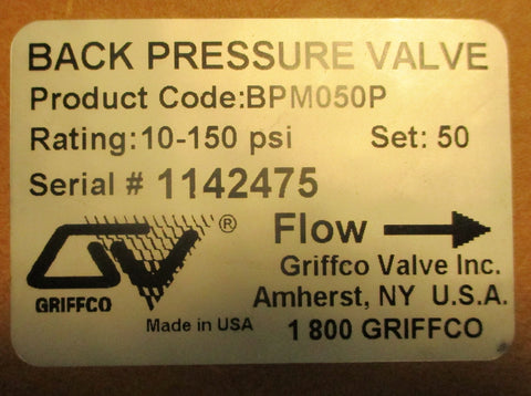 Griffco BPM050P Back Pressure Valve 10-150 PSI Set 50 1/2" NPT