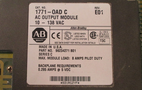Allen Bradley 1771OAD/C Rev. F01 AC Output Module 10  138 VAC Series C Used