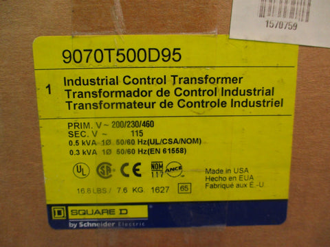 Square D Industrial Control Transformer 9070T500D95 500VA 200/230/460V115V New
