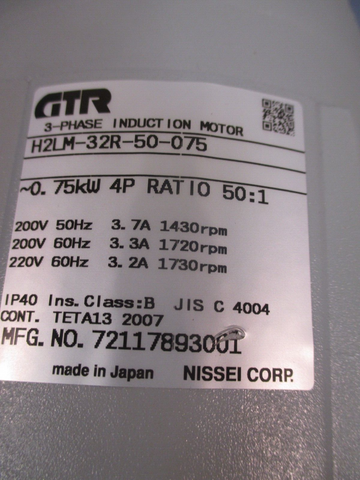 NISSEI CORP/GTR 3PHASE INDUCTION MOTOR 0.75KW 220V 50:1 RATIO H2LM32R50075
