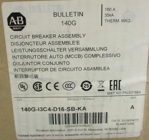 Allen Bradley 140G-I3C4-D16-SB-KA Ser A Molded Circuit Breaker 4 Pole 160A 600V