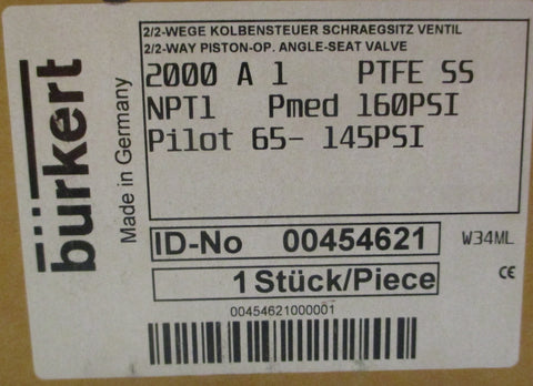 Burkert 2000 Pneumatic Valve 00454621 Pilot 65145PSI 2Way Solenoid PTFE SS