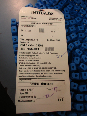 Intralox 79605 Ser 2400 Flush Grid Polypropylene Blue Belt 6"W x 60.1FT 56140628
