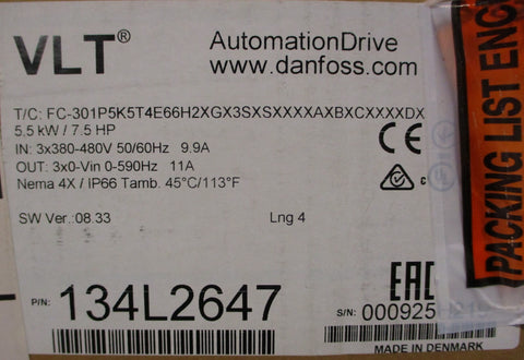 Danfoss VLT Automation Drive 134L2647 5.5kW 7.5HP NEMA 4X IP66 3x380480V In