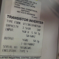 Toshiba G3 Tosvert130 Transistor Inverter 3.5k VA 3 HP, 460V VT130G3U4035N4