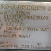 Sew Eurodrive SF47DT80N4 Gearmotor 1700/24RPM 0.75kW 1" Shaft Dia