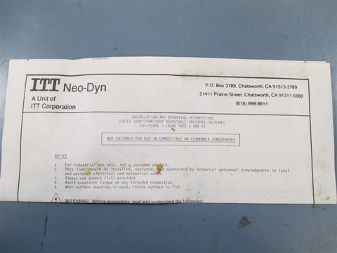 ITT NeoDyn 100PV410D3 Adjustable Air Relay Switch  New