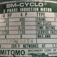 Sumitomo SMCyclo CNHMS024105YA17 Gearmotor 17:1 Ratio 1/4HP 11/8" Shaft Dia