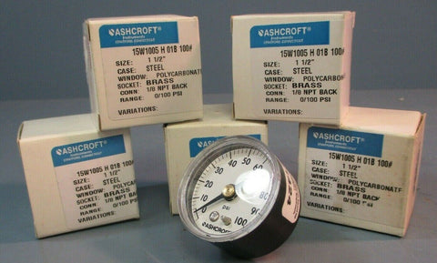 Lot of 5| Ashcroft Pressure Gauge: 1-1/2", 15W1005 H 01B 100#, 1/8 NPT Back