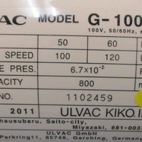Ulvac Kiko G100DB Rotary Vane Vacuum Pump 120 L/min 800 mL Oil Capacity