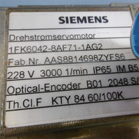 Used Seimens 1FK6042-8AF71-1AG2 Servo Motor 3/4" + Optical Encoder B01 2048 S/R