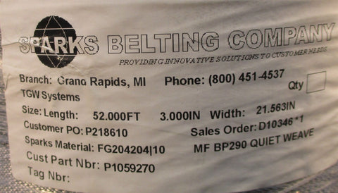 Sparks Belting MF BP290 Quiet Weave 52 FT LG x 211/2 IN Wd Conveyor Belt