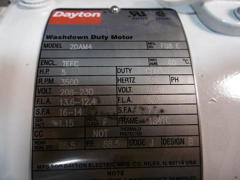 Dayton 2DAM4 5 Hp 460V 3500 RPM Washdown Duty Motor