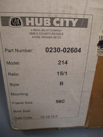 Hub City Gearbox Single Reduction Box Ratio 15:1 214 Style B 56C 0230-02604