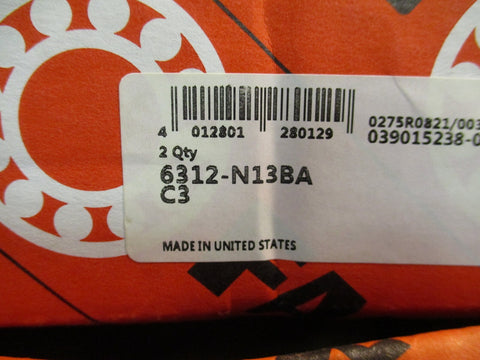 FAG 6312N13BA C3 Ball Bearing 60 ID x 130 OD x 31 mm W Matched Set of 2