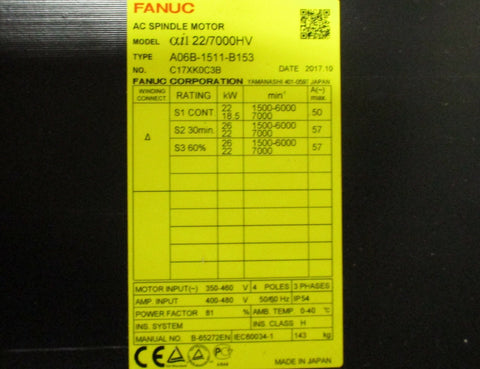 Fanuc A06B1511B153 AC Spindle Motor 3 Ph, 22 kW Cont, 15006000 RPM NIB