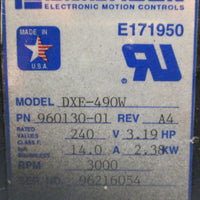 Emerson DXE-490W Servo Motor 240V 14A 3.19HP 3000RPM 960130-01 7/8" Shaft Dia