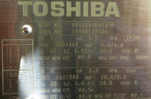 Toshiba 0036SDSR41AP EQP Severe Duty Motor 3 HP, 1170 RPM, 230/460 RPM
