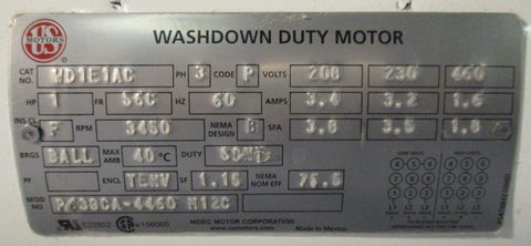 Nidec Motors MD1E1AC Washdown Duty Motor 5/8" Shaft Dia 3 phase