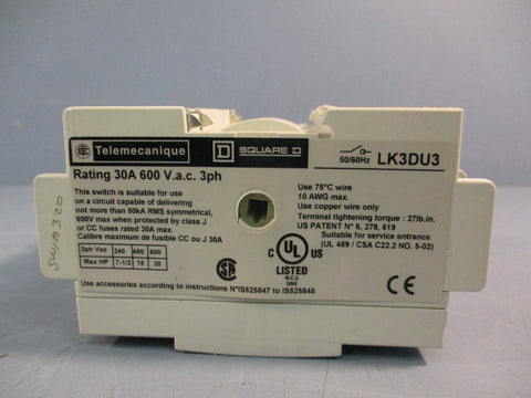 Telemecanique/Square D LK3DU3 Panel Disconnect Switch 30A 600 VAC 3ph 50/60 Hz