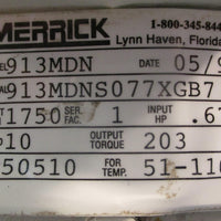 Merrick 913MDN Gear Reducer 10:1 Ratio 1750 RPM 0.67 HP 3/4" Shaft Dia NOS