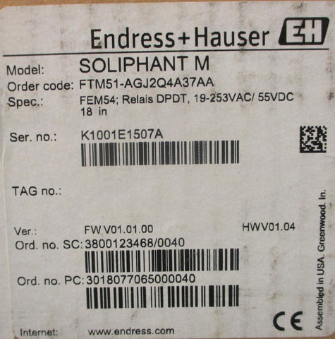 Endress Hauser Soliphant M Level Switch FTM51AGJ2Q4A37AA 18" Long