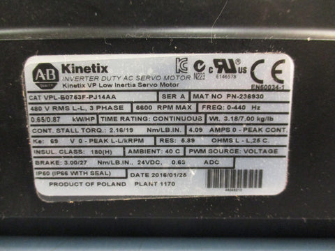 Allen-Bradley Kinetex VPL-B0753F-PJ14AA VP Low Inertia Servo Motor 3 Phase
