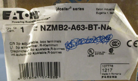Eaton NZMB2A63BTNA Circuit Breaker Moeller Series 3 Pole 63A 440VAC