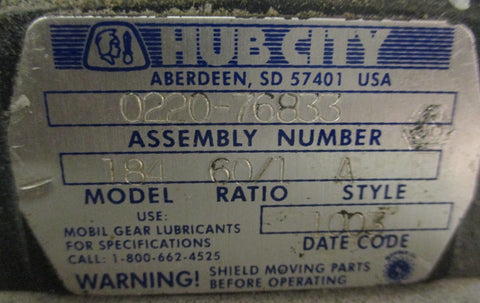 Hub City 022076833 Speed Reducer 60:1 Ratio  5/8" Bore 3/4" Shaft Dia