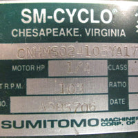 Sumitomo SMCyclo CNHMS024105YA17 Gearmotor 17:1 Ratio 1/4HP 11/8" Shaft Dia