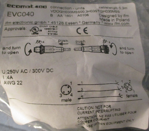 Ifm Ecomot 400 Patch Cable EVC040 0.3M L VDOGH030MSS00,3H03STGH030MSS (Lot of 6)