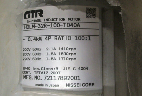 Nessei GTR H2LM-32R-100-T040A Induction Gear Motor 100:1 Ratio, 3 Phase 0.4kW