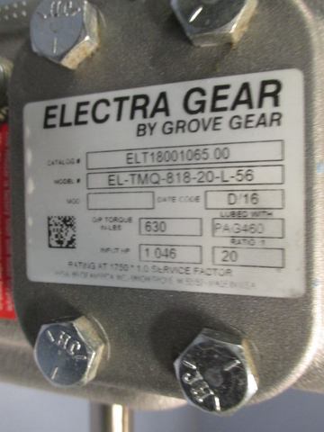 Grove Gear Electra Gear /Gear Reducer Ratio 20:1 /1.046 HP EL-TMQ-818-20-L-56