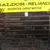 Baldor IDVSNM3538 Motor 1/2 HP, 1765 RPM, 56C Frame, 230/460 Volt, 35T995M303G1