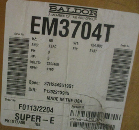 Baldor EM3704T Electric Motor 37H244S519G1 3HP 1160RPM 3PH 1-3/8" Shaft Dia