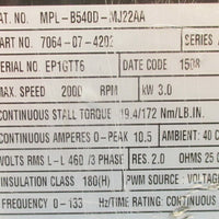 Allen Bradley MPL-B540D-MJ22AA Servo Motor 7064-07-4202, 3 kW Ser A NWOB
