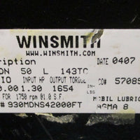 Winsmith 930MDN 50 L 143TC Gear Reducer 930MDNS42000FT 50:1 Ratio, 1.3 HP In