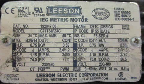 Leeson IEC Metric Motor C71T34FZ4C 3400 Rpm 230v 0.75 HP 1.15 SF 60 HZ IC F5