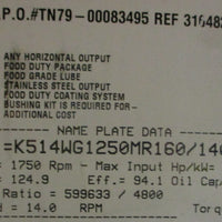 Stober K514WG1250MR160/140F Speed Reducer 1.9/1.4 kW 1750RPM Input 124.9:1