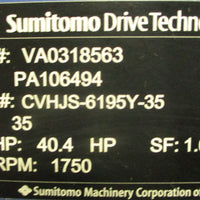 Sumitomo CVHJS-6195Y-35 Cyclo 6000 Gear Reducer PA106494 35:1 3-5/8" Shaft Dia